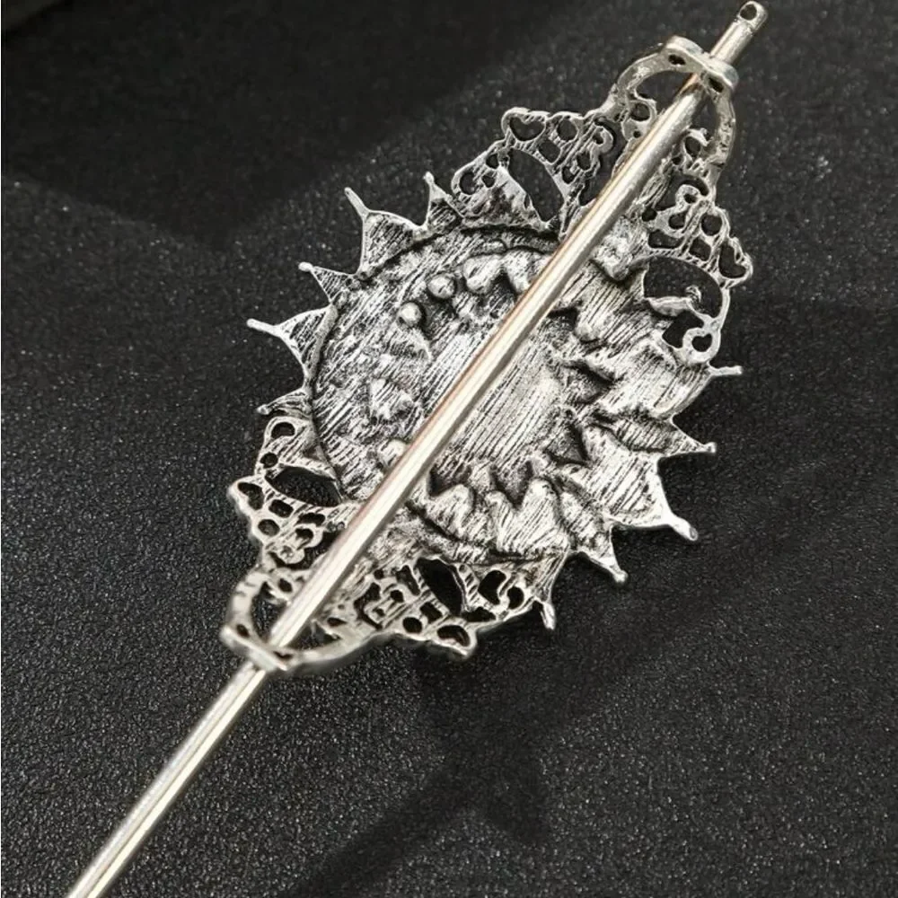 Bohemian Hair Accessory Silver Tone Purple Accent Stone, Engraved Details